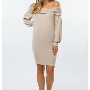Beige Ribbed Off Shoulder Puff Sleeve Maternity Dress - M